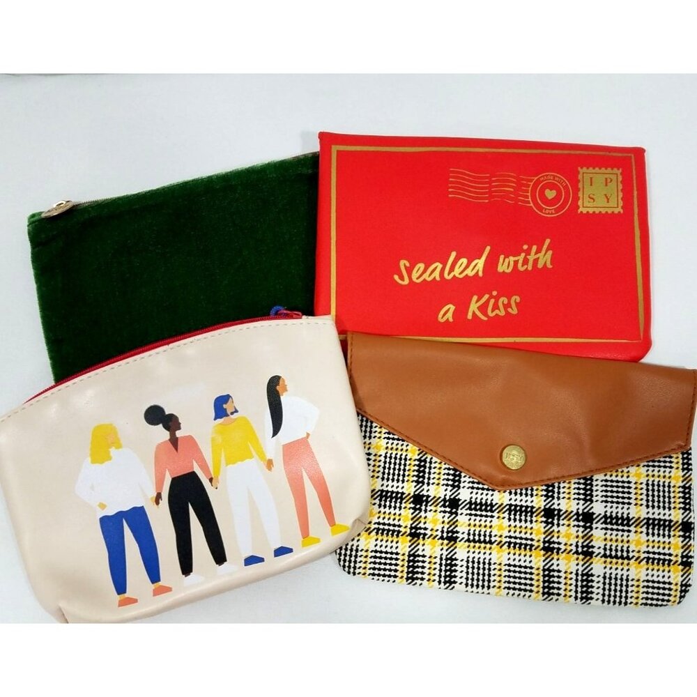 Set Of 4 Ipsy Pouches Mixed Designs & Colors Faux Leather Velvet Material
